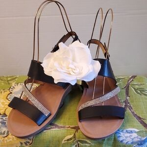 Jessica Carlyle Elegant Black Sandals with Silver Rhinestones Accent, Size 10